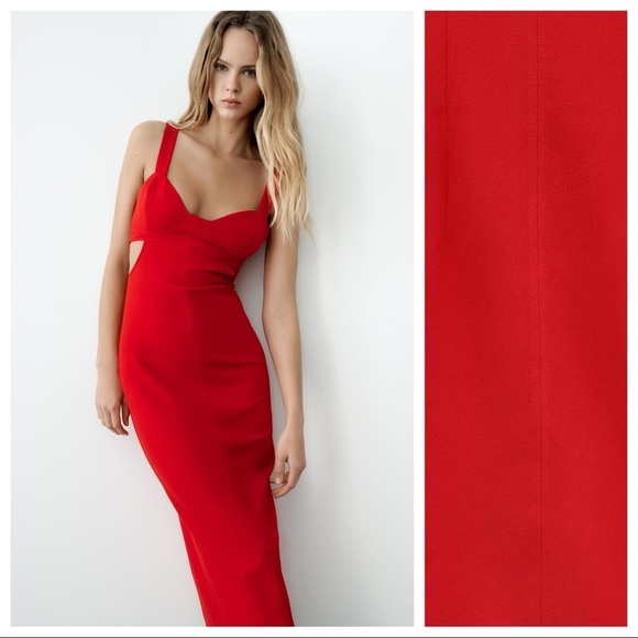 NWT. Zara Red Strappy Cut Out Midi Dress with V-neckline. Size S. - Picture 3 of 11